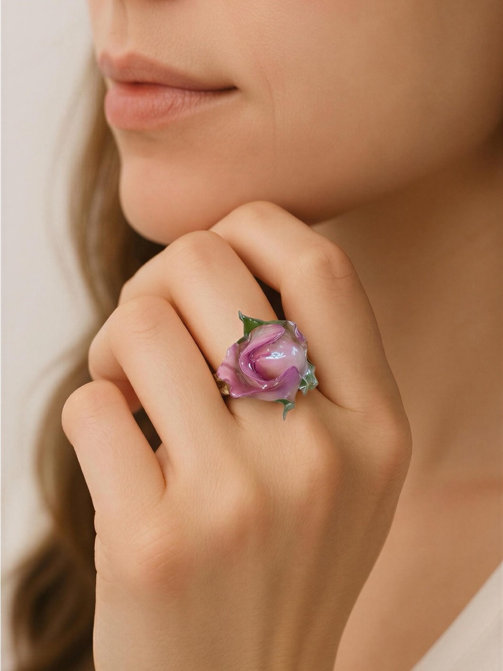 Floral Enamel Rose Statement Ring - Pink